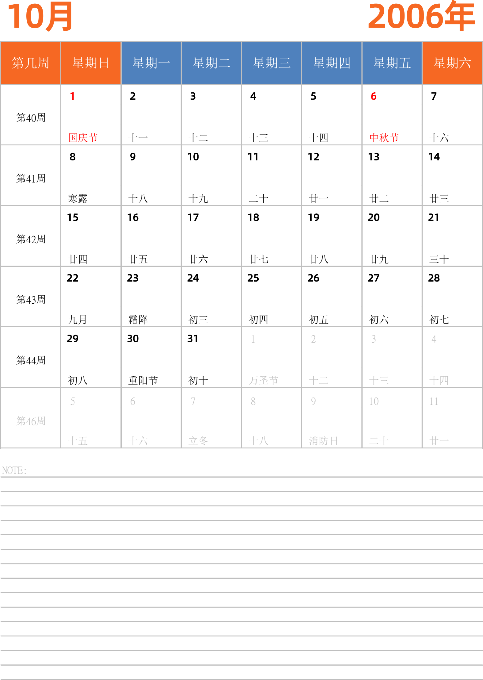 日历表2006年日历 中文版 纵向排版 周日开始 带周数 带节假日调休安排